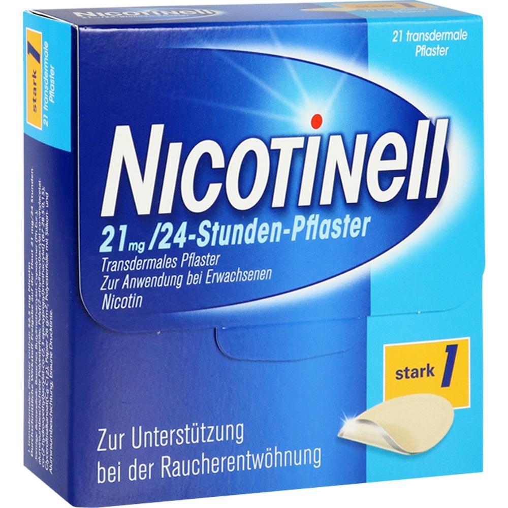 Blaue Packung mit Nikotin-Pflastern zur Raucherentwöhnung, 21 mg Stärke.
