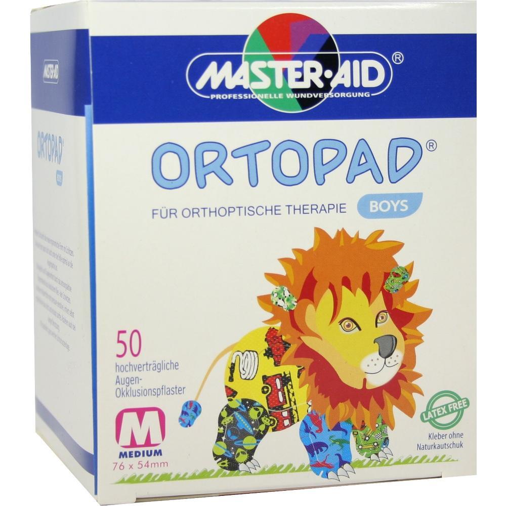 Weiße Verpackung mit einem bunten Löwen und der Aufschrift "Ortopad" für Augenpflaster.