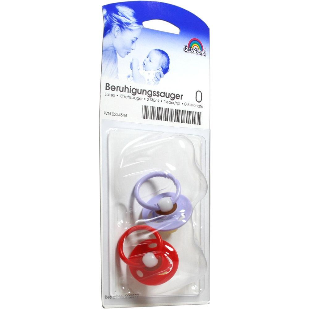 Zwei Beruhigungssauger, rot und lila, für Babys ab 0 Monaten, in einer Verpackung.