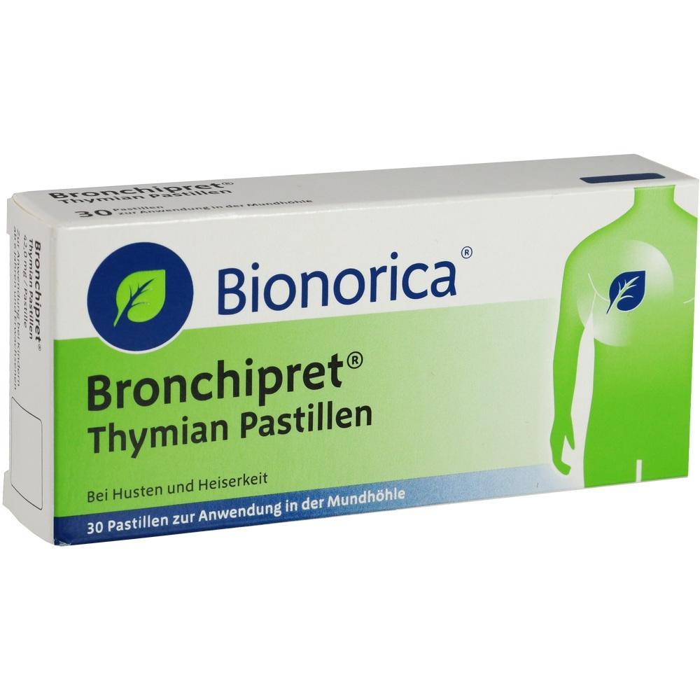 Packung von Bronchipret Thymian Pastillen zur Linderung von Husten und Heiserkeit.