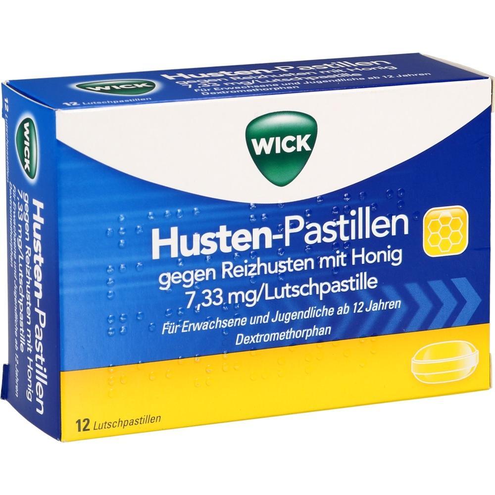 Blaue Packung von Husten-Pastillen mit Honig gegen Reizhusten.