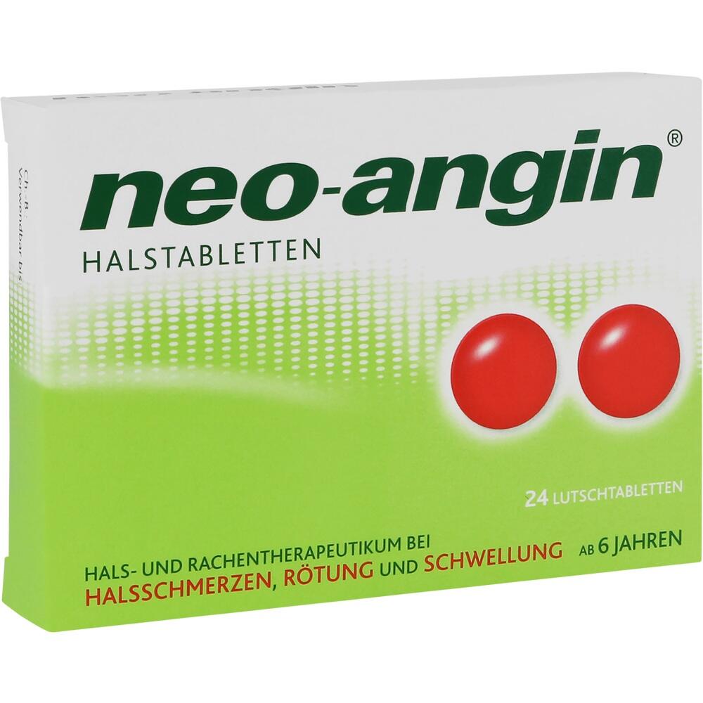 Eine grün-weiße Packung neo-angin Lutschtabletten gegen Halsschmerzen.