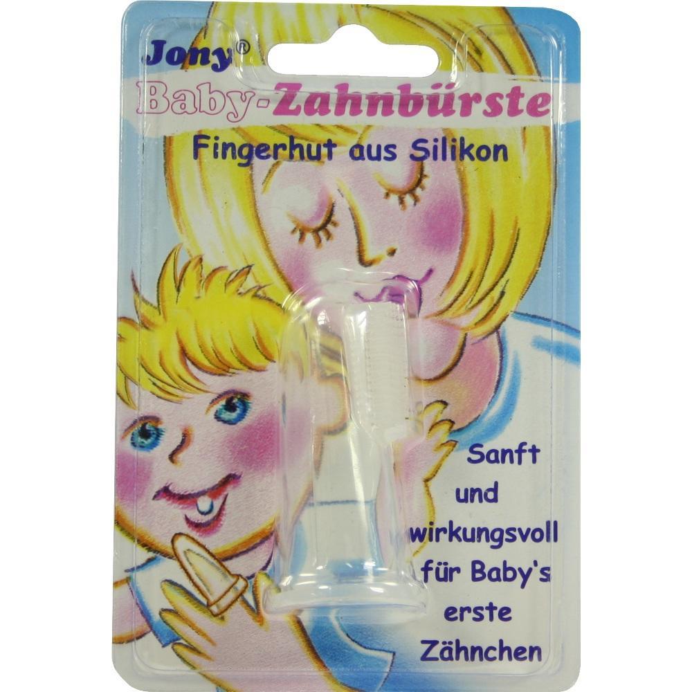 Verpackung einer Baby-Zahnbürste aus Silikon mit Mutter und Kind darauf abgebildet.