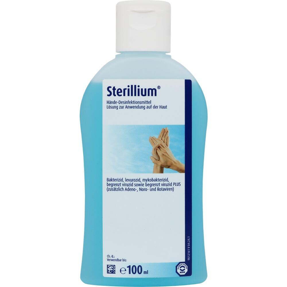 Eine blaue Flasche mit Händedesinfektionsmittel namens Sterillium.