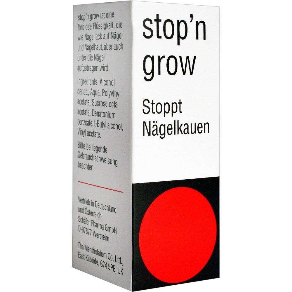 Weiße Verpackung mit Text "stop'n grow" und rotem Kreis unten.