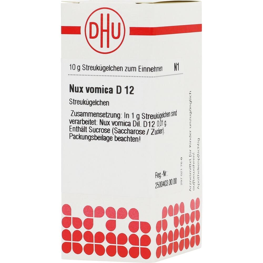 Eine Packung homöopathischer Streukügelchen namens Nux vomica D12.