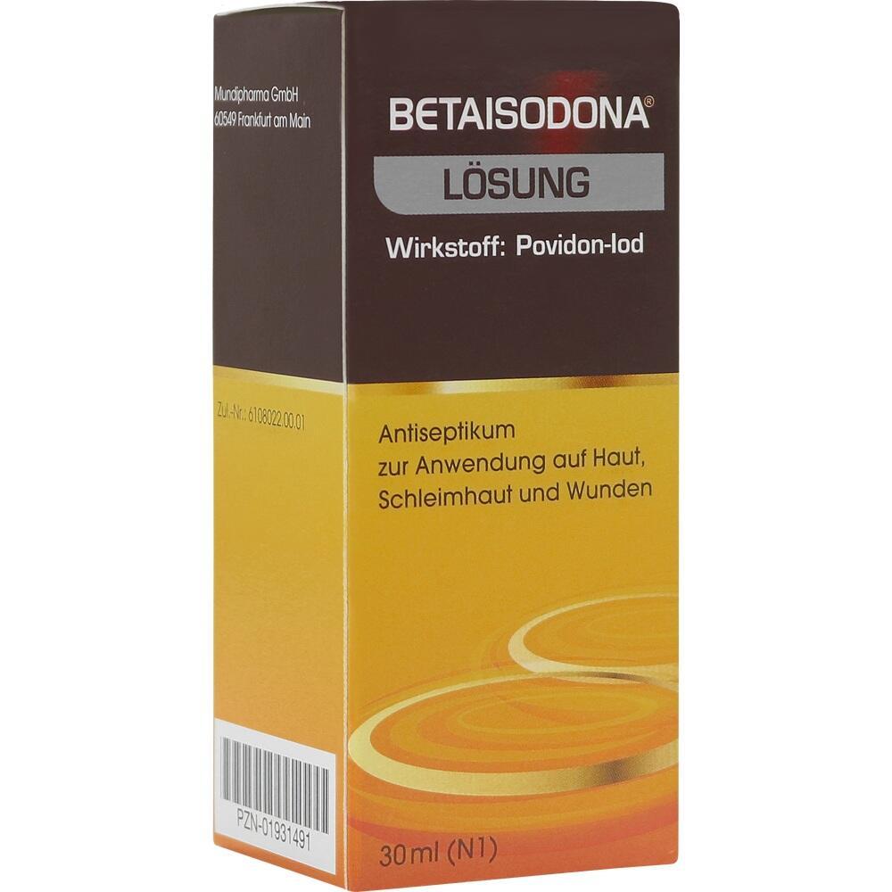 Braune und gelbe Verpackung eines Antiseptikums mit der Aufschrift "Betaisodona Lösung".