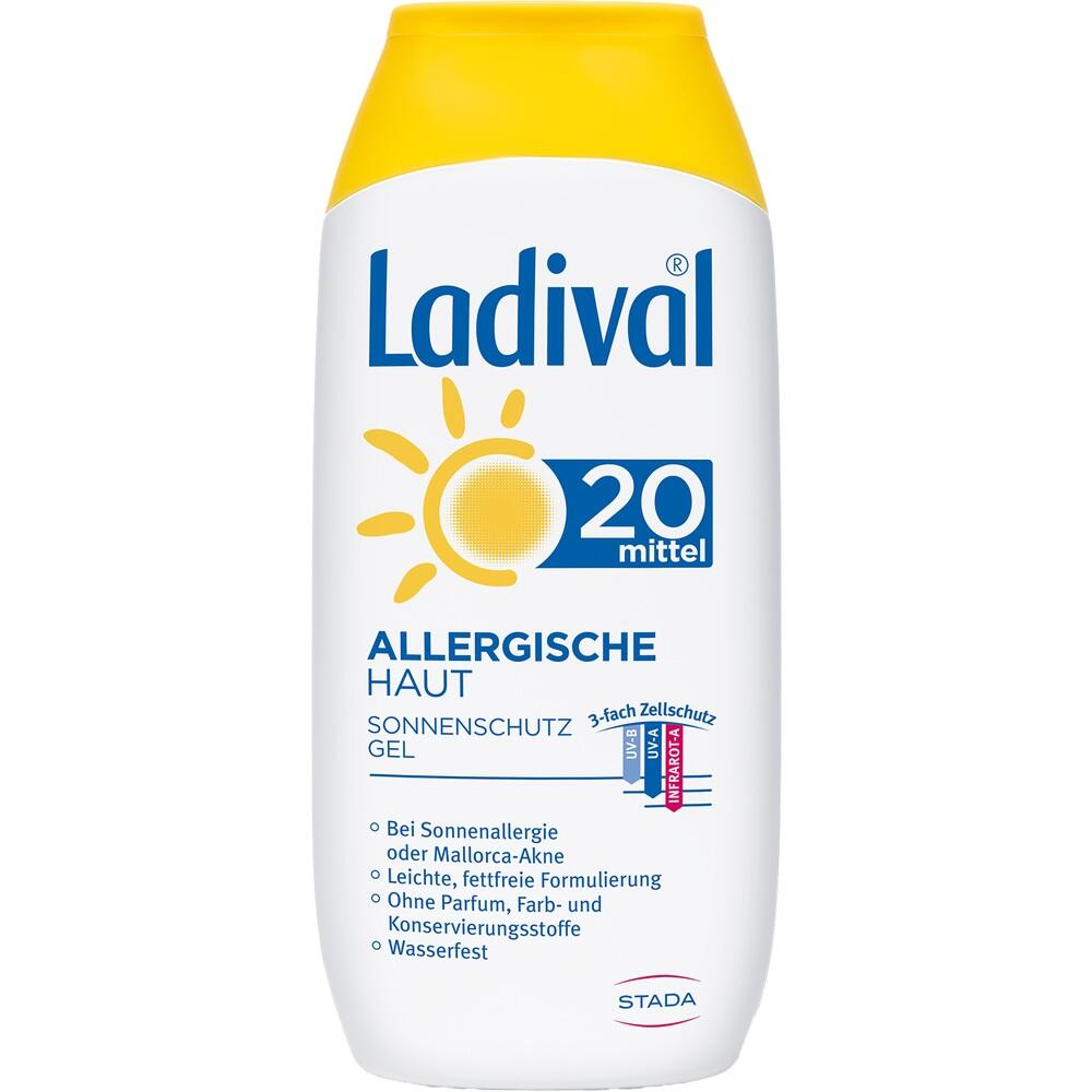 Weiße Flasche mit gelbem Deckel und "Ladival Sonnenschutz 20 mittel" für allergische Haut.