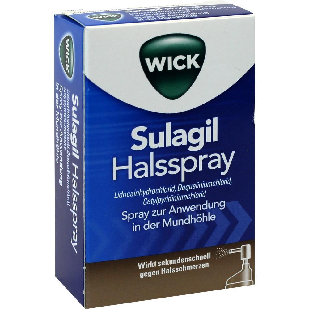 Eine blaue Verpackung für ein Halsspray von Wick zur Linderung von Halsschmerzen.