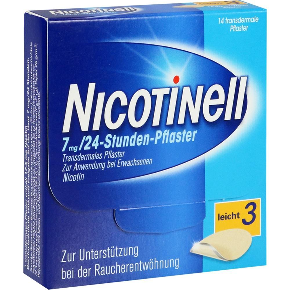 Blaue Verpackung von Nikotin-Pflastern zur Raucherentwöhnung für Erwachsene.