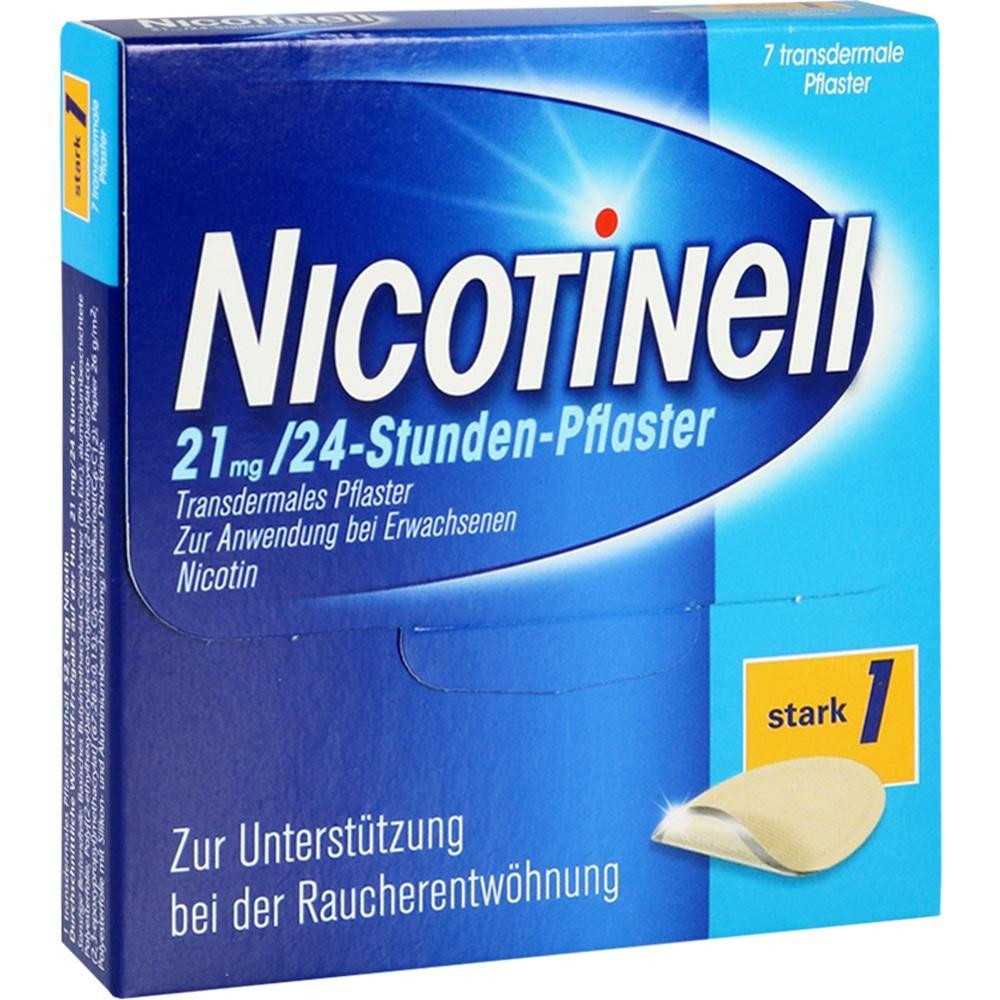 Eine blaue Packung Nikotinpflaster zur Raucherentwöhnung mit 21 mg Nikotin.