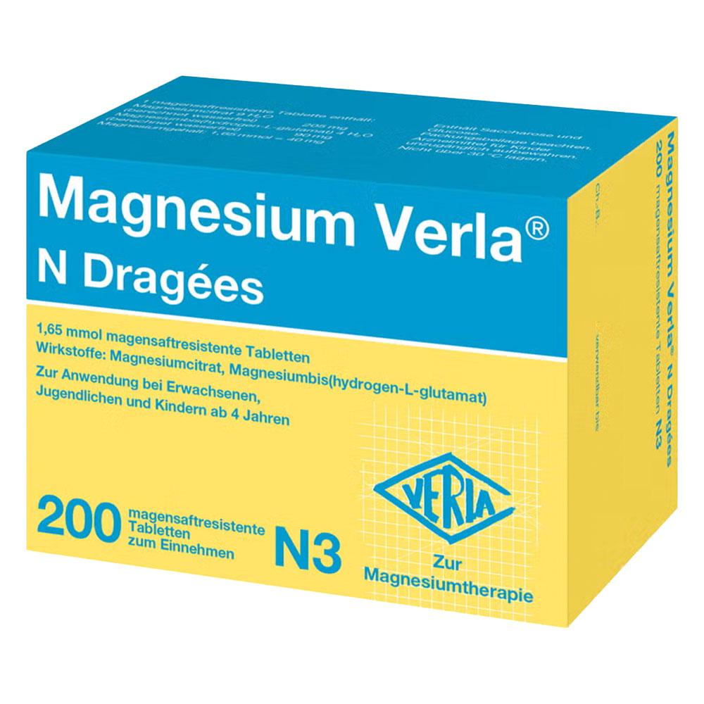 Gelbe Magnesiumverpackung mit blauer Aufschrift für magensaftresistente Tabletten.