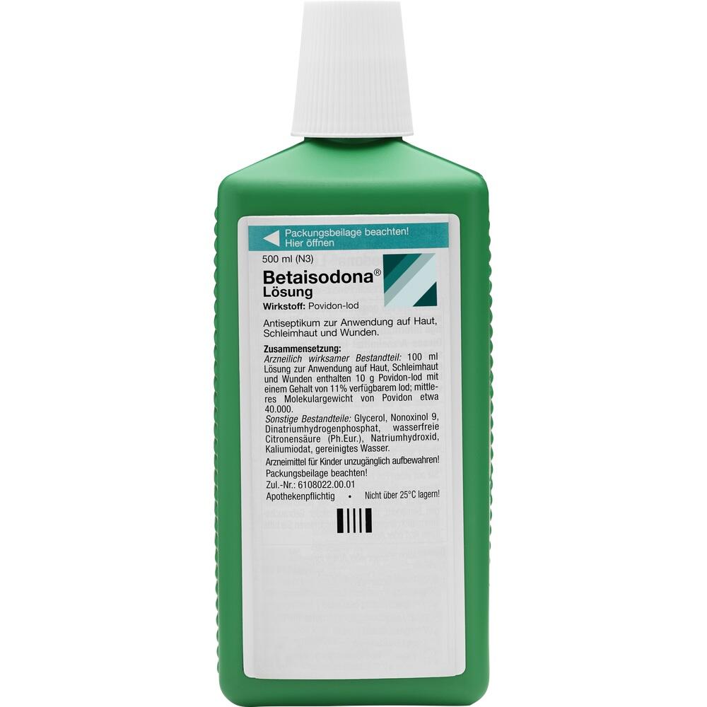 Grüne Flasche mit Antiseptikum namens Betaisodona zur Hautdesinfektion.