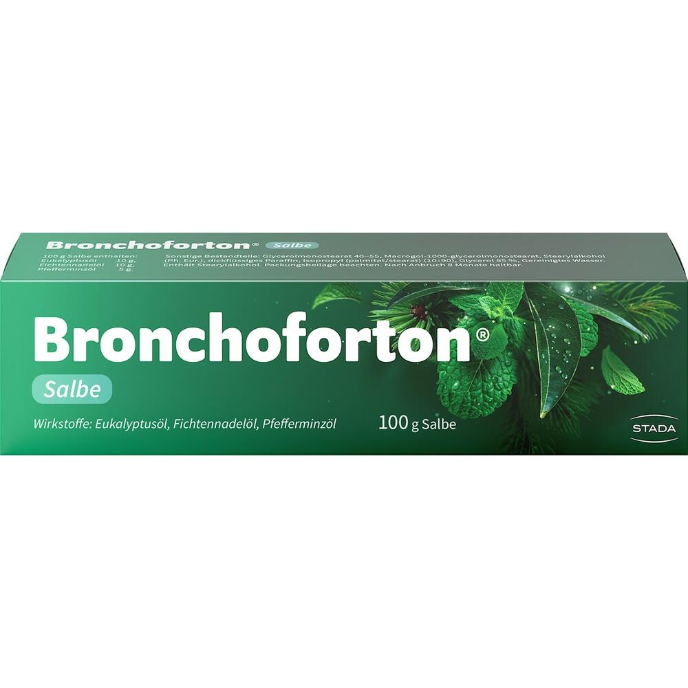 Grüne Verpackung einer Bronchoforton Salbe mit Blättern und 100 g Inhalt.