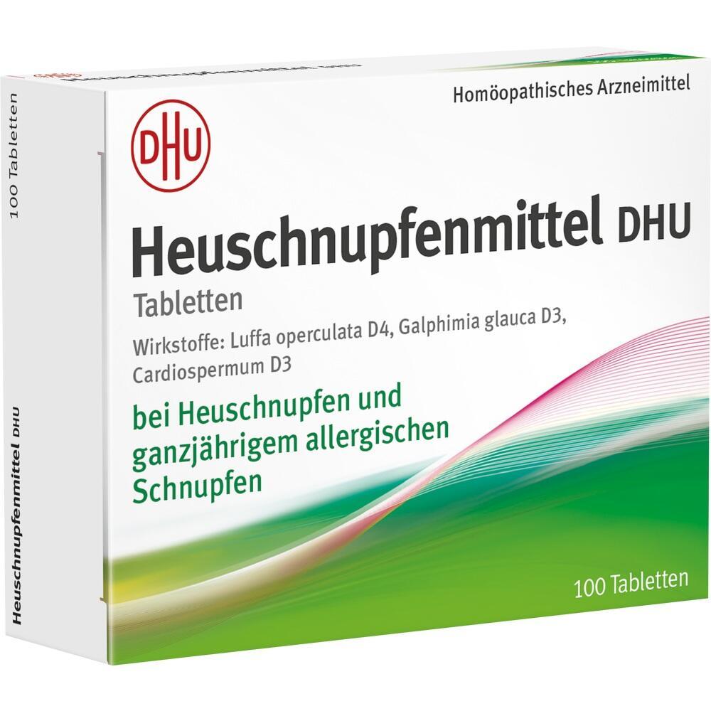 Schachtel einer homöopathischen Medizin gegen Heuschnupfen mit 100 Tabletten.