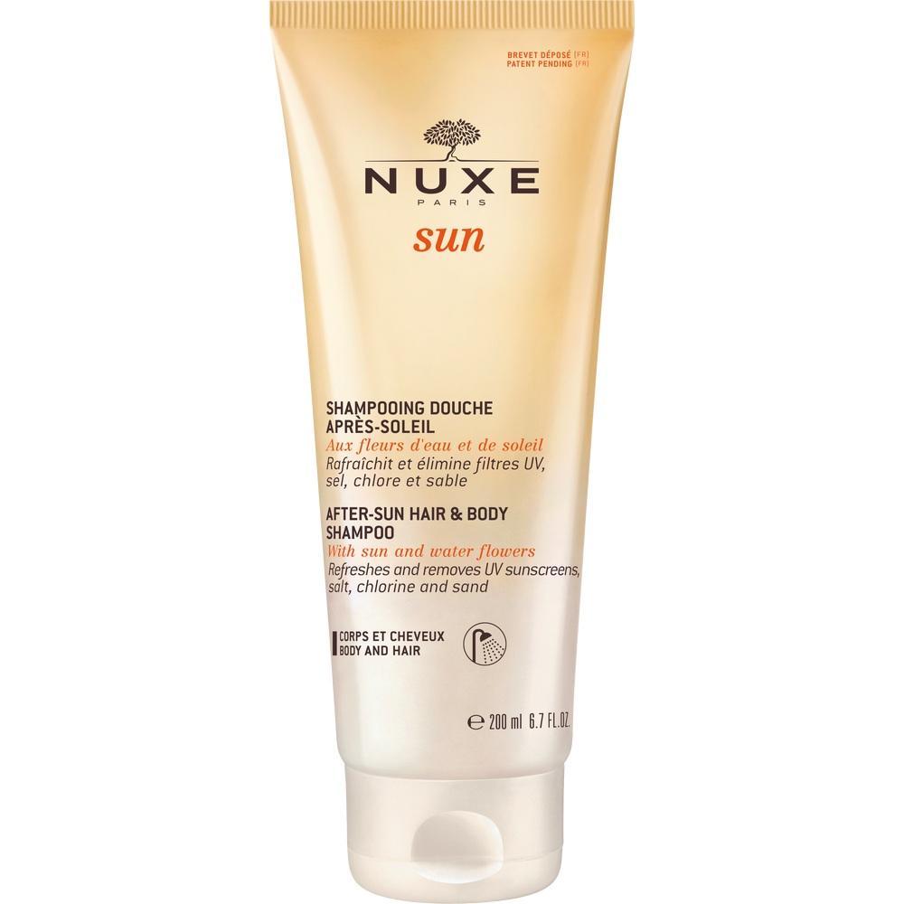 Tube mit Nuxe After-Sun Shampoo für Haare und Körper, entfernt UV-Filter, Salz und Sand.