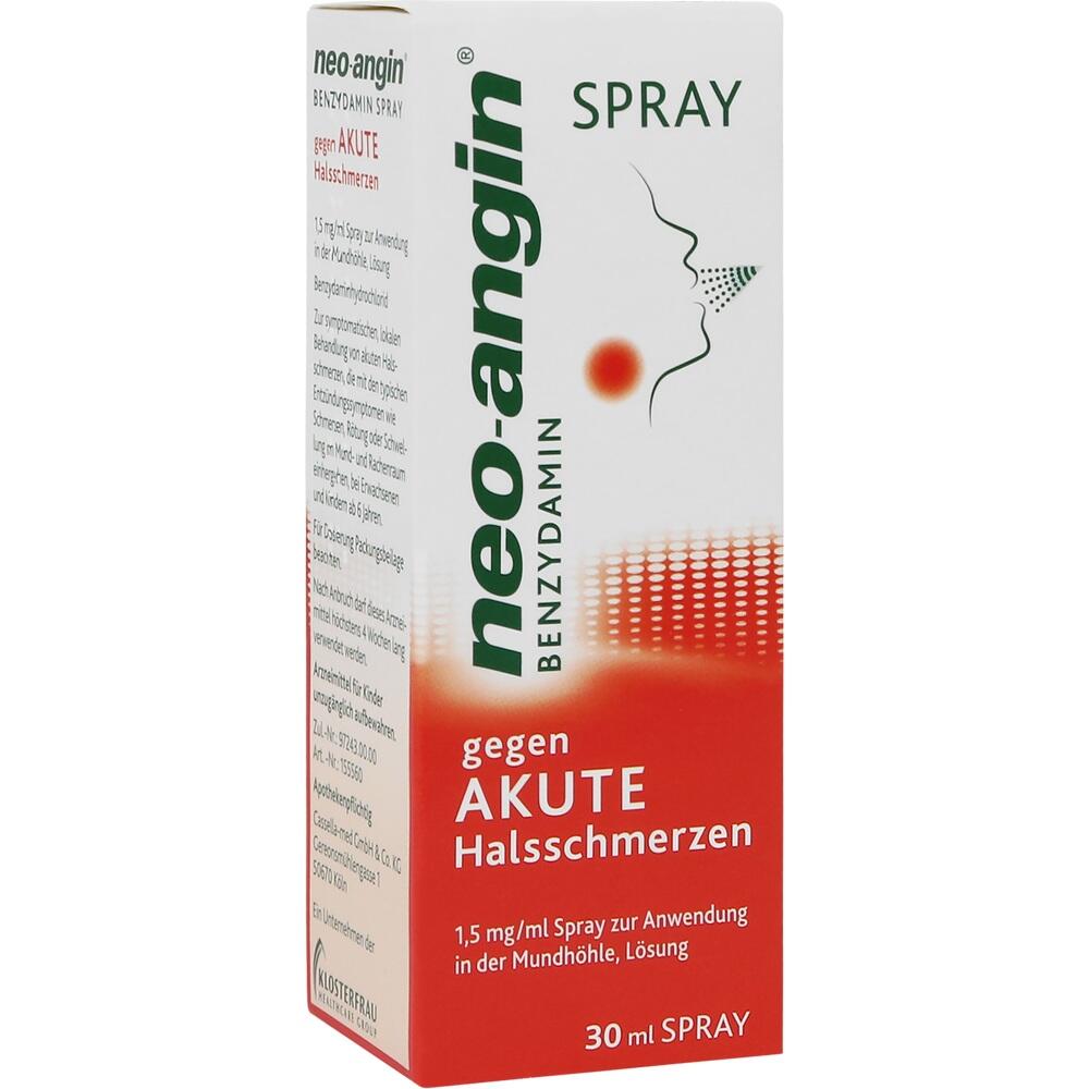 Spray-Packung gegen akute Halsschmerzen mit rotem Punkt und Gesichtssilhouette.
