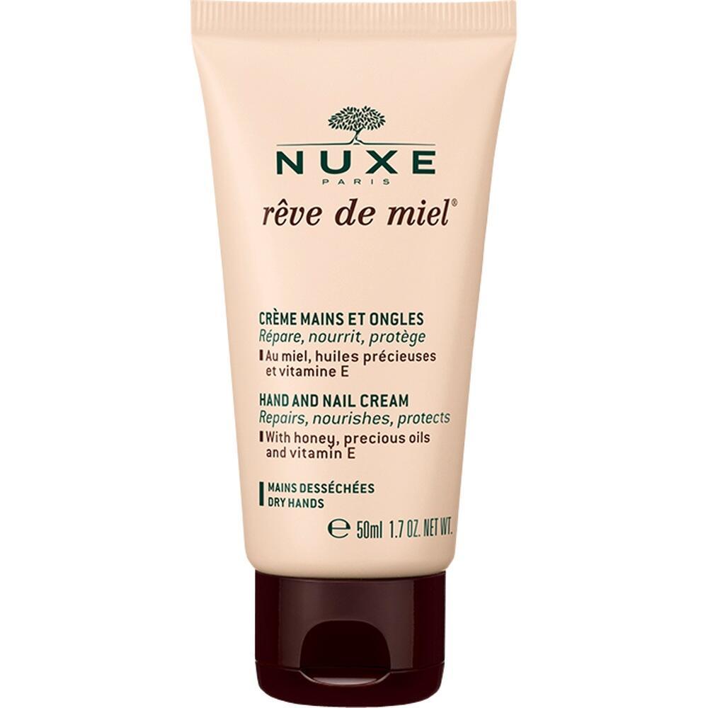 Beige Tube mit Handcreme, markiert als "Nuxe Rêve de Miel".