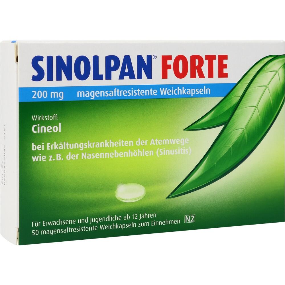 Grüne Verpackung von Sinolpan Forte Kapseln gegen Atemwegserkrankungen.